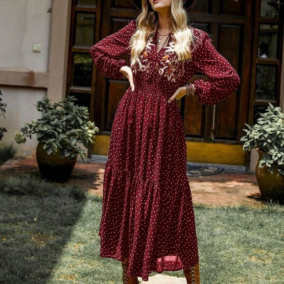 Burgundy Boho Beauty Women's   Polka Dot Dress - Picture 4 of 6